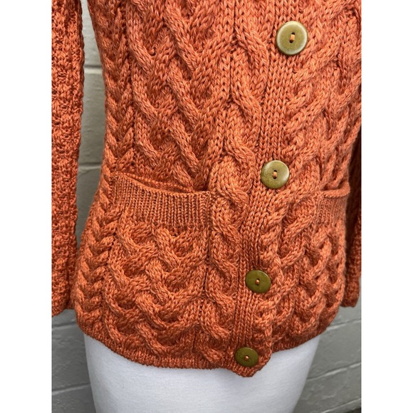 Aran Sweater Market Womens Cardigan Sweater XS Orange Cable Knit Merino Ireland - Picture 3 of 10